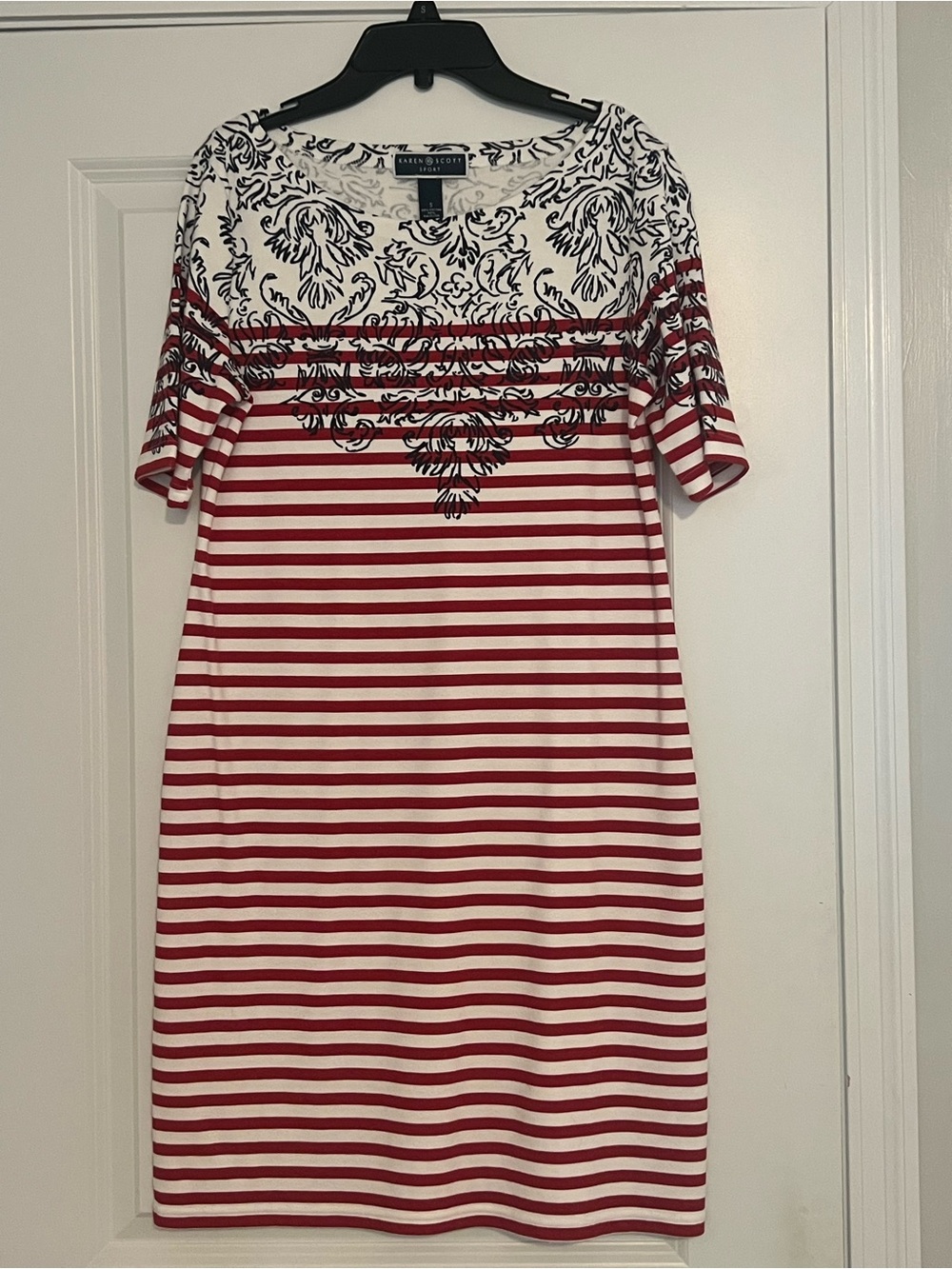 Karen Scott Red, White & Blue Striped Midi Dress with Floral Yoke
